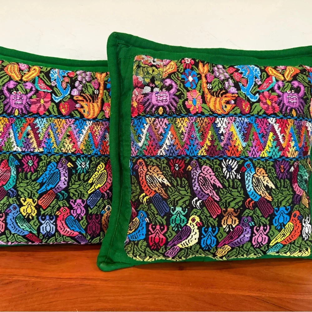 Guatemala handmade Embroidered Throw Pillows‎ pair 18x18” zip birds crab floral